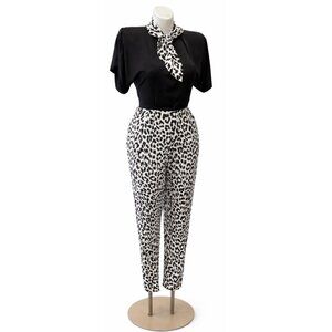 VTG 80s Prago Fashion Jumpsuit Womens Medium Animal Print Bow Tie Romantic